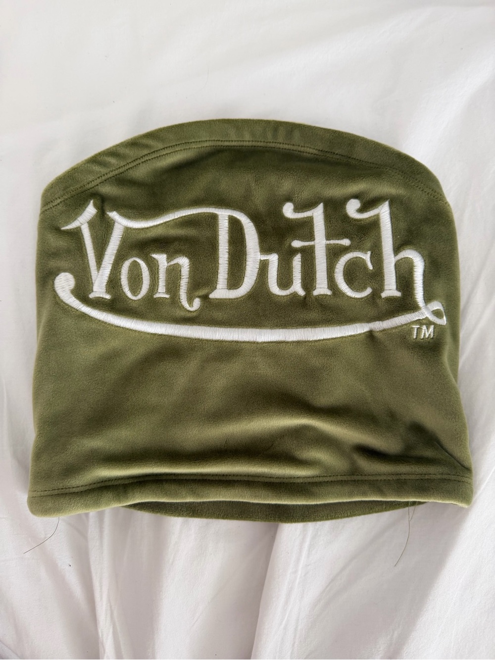 Von Dutch Olive Green Velour Bandeau Crop Top - Picture 2 of 4